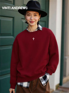 Retro Wine Red American Round Neck Loose Lazy Style Womens Hoodie