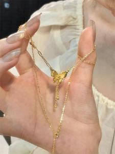 24K Gold Sparkling Butterfly Tassel Necklace Womens Vintage New Chinese Style Fragile Gold Butterfly Clavicle Chain Jewelry