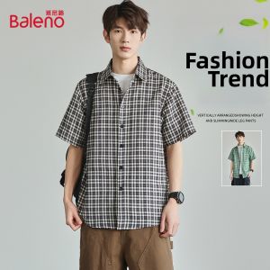 BALENO | Stylish Plaid Shirt Short Sleeve Turn-Down Collar Casual Slim Fit