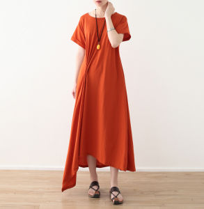 Spring Travel Holiday Cotton Linen Loose Short Sleeve Long Dress Irregular Hemline A-Line Skirt Style Comfortable round Neck