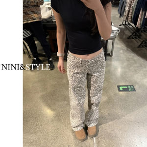 Jennie American Style Leopard Print High Waist Wide Leg Jeans Womens Casual Straight Leg Loose Fit Denim Pants Autumn New Arrival
