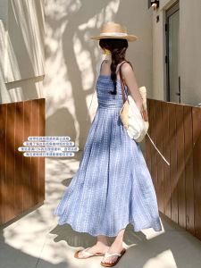 Korean Style Beach Resort Summer Waist-Hugging Design Blue Strap Dress