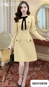 Váy Liền Dạ Tweed Kim Sa MDU5850 Cổ Tròn Tay Dài Đính Nơ Nhung Đen Thanh Lịch Từ MDU