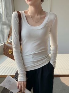Slim Fit Long Sleeve U-Neck T-Shirt Womens Basic Style Spring Autumn White Base Shirt Korean Version Commute Youth Pattern