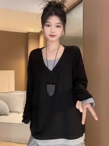 Loose Casual V-Neck T-Shirt Long Sleeve plus Size Womens Fashion Slimming Age-Defying Top Korean Style Autumn 2025