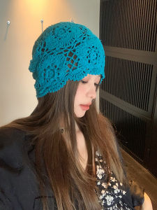 Handwoven Blue Hollow out Knitted Hat Womens Spring Autumn Vintage Ethnic Style Sweet Knitted Bandeau Hat Travel Suitable
