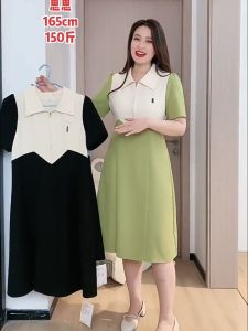 [Long and Short Styles ]Dress Women Korean Style Large Contrast Color Patchwork Polo Neck Short Sleeve Dress For Women In Summer Fat Mm Medium Length Skirt With Thin Split Skirt