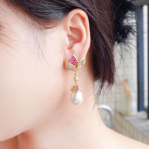 SEQUITO Fine Women Pearl Drop Dangle Earrings Yellow Gold Plated Pave Setting AAA Zirconia Long Pendant Flower Jewelry SE926