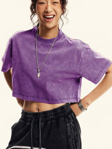 2026 Y2k Solid Cotton Washed T-Shirts Womens Summer Loose O-Neck Crop Tops Casual Vintage Short Sleeve Tees Street Clothes