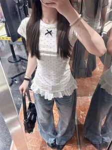 Lace Trim Dots Short Sleeve T-Shirt Female Slimming Summer Top