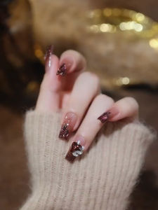 Handmade Gradient Rose Dark Night Diamond Fragrance Mist Black to Purple Nail Tips Wearable False Nails Complete Set Nail Art