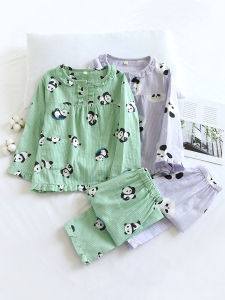 Princess Style Long Sleeve Pure Cotton Muslin Sleepwear Set for Girls Cute Panda Home Clothes Childrens Spring Autumn Summer Thin Air Conditioning Suit