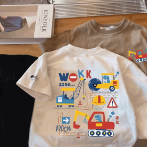 เด็กชาย ผ้าฝ้าย รถขุดเสื้อยืด ลายพิมพ์ตัวอักษร หลวม ลำลอง หลากหลาย เสื้อท่อนบน อินเทรนด์ ฤดูร้อน เสื้อผ้าดูดซับเหงื่อคอกลมแขนสั้น