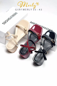 Sandal Cao Gót Merly 1640 Chính Hãng Quai Ngang Mảnh Đế Vuông 5cm Big Size 35-43 Da Bóng Sang Trọng Đi Tiệc Áo Dài