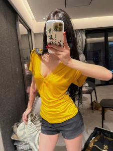 Slim Fit V-Neck Short Sleeve T-Shirt Summer Thin Pure Color Loose Style Versatile Fashionable Casual Womens Top