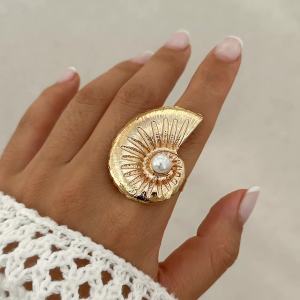 Ingemark | Ingemark Exaggerated Big Conch Snail Gold Color Rings for Women Trend Vintage Adjustable Imitation Pearl Rings Grunge Jewelry