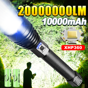 2025 Ultra Bright XHP360 Flashlight 2000000LM Strong Light LED Flashlight Rechargeable Tactical Torch Long Range Camping Hunting