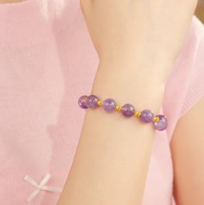 ZHOU LIU FU 周六福 24K Gold Amethyst Beaded Bracelet for Women Harmony Energy Jewelry 17cm J1915933