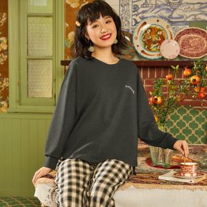 LUNILAI | Lunilai Funi Long Sleeve Cotton Flannel Womens Home Clothes Sleepwear Set Comfortable Retro Plaid Design Knitted Round Neck