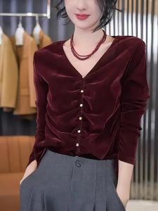 French High-End Velvet Shirt Womens V-neck Pleated Slimming Top Pure Color Simple Design Spring Fashion Outerwear