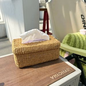 Retro Handmade Straw Woven Tissue Box Living Room Coffee Table Drawer Style Napkin Holder Desktop Storage Organizer