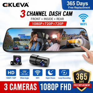 EKLEVA 3 Camera WIFI Car DVR Three Lens Mirror 10 Inch Night Vision Touch Video Recorder Dashcam Front 1080P + Inside 720P + 720P Rear Cam