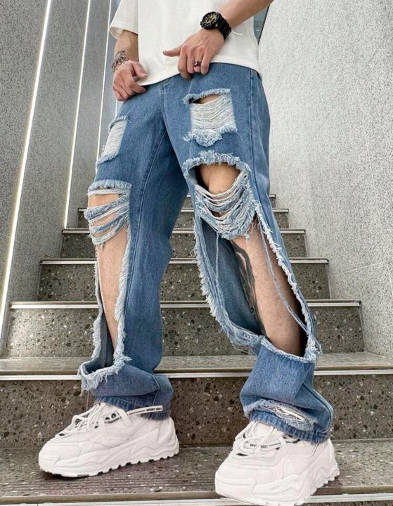 Men Expression Patched Detail Ripped Frayed Jeans