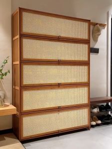 Bamboo Shoe Cabinet Rack Kasut 3-11Layers Almari Kasut Rattan Door 30+Pairs Of Shoes Storage Cabinet Wood Shoe Kabinet Kasut 鞋柜