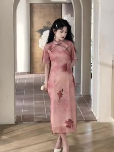 Cheongsam Womens New Chinese Style 2024 New Style Pink Improved Young Girl Big Flower Dress Ancient Style Double Breasted Summer