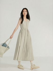 INMAN | Inman Commuter Sleeveless Vest Dress Womens Summer New French Drawstring Waist Cinching A-Line Skirt Casual High Waist Cotton Blend Long Dress