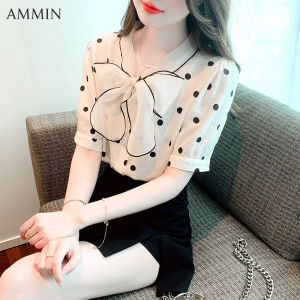 6 มุม ชุดเดรสแขนพองลายจุดเล็กๆมีโบว์ย้อนยุคสำหรับผู้หญิงเสื้อชีฟองฤดูร้อน