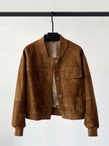 Haier Ning New Style Womens Short Baseball Jacket Genuine Leather Faux Velvet Single Button Goat Skin Reverse Velvet Coat