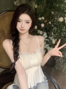 GUZILIAN | Sweet Stylish Ogeeshe Strap Vest Womens Outerwear Summer Pure Desire Lotus Leaf Edge Waist Cinching Tube Top Small Shirt