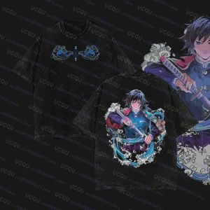 New Hot Anime Demon Slayer Graphic Himejima Gyomei T-shirt Men Washed Cotton Casual Loose Harajuku Male Vintage Cosplay Tees Top