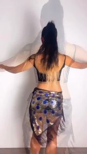 ผ้ารัดสะโพกพู่เต้นรำหน้าท้องแบบใหม่โซ่เอวเลื่อมผ้าสามเหลี่ยมเต้นรำละตินชุดฝึกเต้นผ้าคาดเอวแบบผูกเชือก