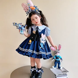 Anime Zootopia cosplay Headband Judy Hopps Cosplay Kids Girl Blue Dress Costume Set with Rabbit Ears Hat Halloween Costume Party Prop