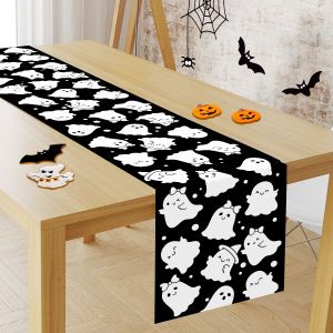 1pc Happy Halloween Table Runner Playful Spooky Design with Ghosts Home Decor For Trick or Treat Haunted House Decoration