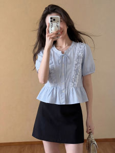 YIKEMAI | French Sweet Style Blue Puff Sleeves Ruffled Shirt