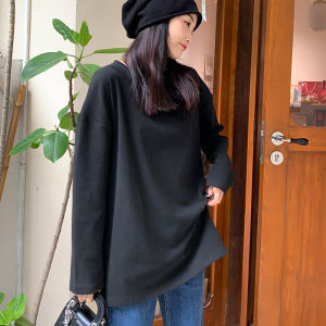 เสื้อตัวในบุขนกำมะหยี่สองด้านคอกลมบุขนกำมะหยี่หนาพิเศษบุขนกำมะหยี่หนาพิเศษสำหรับฤดูหนาวเสื้อยืดทรงหลวมใส่ทับกันความยาวปานกลางสำหรับผู้หญิง