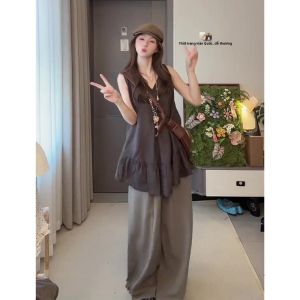 YUEZHONGWEI | Áo vest không tay cổ chữ V dáng rộng mùa hè cho nữ Áo khoác ngoài thường ngày bằng vải polyester dài vừa phải