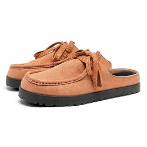 SZXSUK Brown Kangaroo Retro Style Slip-On Half Slippers Mens Loafers Comfortable Flat Heel Wear-Resistant Rubber Sole Shoes