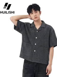 HUILISHI Men Textured Diagonal Stripe Short Sleeve Shirt Loose Cuban Collar Casual Button Down Shirts