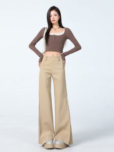 MNVZ American Style Casual Pants Womens Khaki Color Versatile Slimming Fashionable Long Trousers Retro Trendy Pants