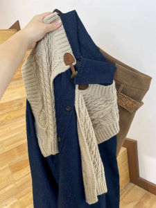 Bandage Dress Matching Autumn Winter Coat Two-piece Set Retro Denim Outerwear Knitwear Shirt Vest Fashion Womens Suit