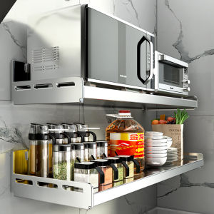 Stainless Steel Microwave Oven Rack Wall Mounted Kitchen Storage Shelf No Drilling Required Hanging Shelf for Rice Cooker Storage