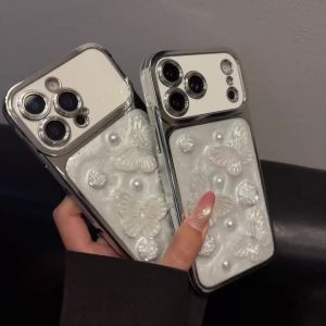 Luxury 3D Pearl Flower Butterfly White Phone Case For iPhone 17 16 15 14 13 Pro Max Plating Large Window Shockproof Bumper Cover