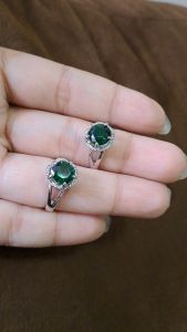 Cincin Perak Batu Hijau Bulat Titanium 24K (Silver)