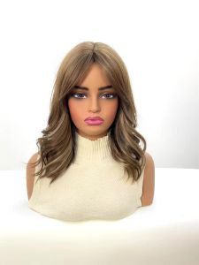Honey Brown Synthetic Wig Short Wavy Wigs with Medium Part Bangs Cosplay Daily Lolita Curly Hair Wigs for Women Heat Resistant