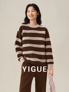 Yigue | Striped Contrast Round Neck Casual Loose Sweater
