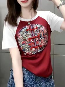 เสื้อยืดคอกลมแขนสั้นผ้าฝ้ายแท้ปักลายสไตล์จีนใหม่สำหรับผู้หญิงในช่วงฤดูร้อนปี 2025 เสื้อผ้าทำงานสไตล์ใหม่ที่สวมใส่สบาย